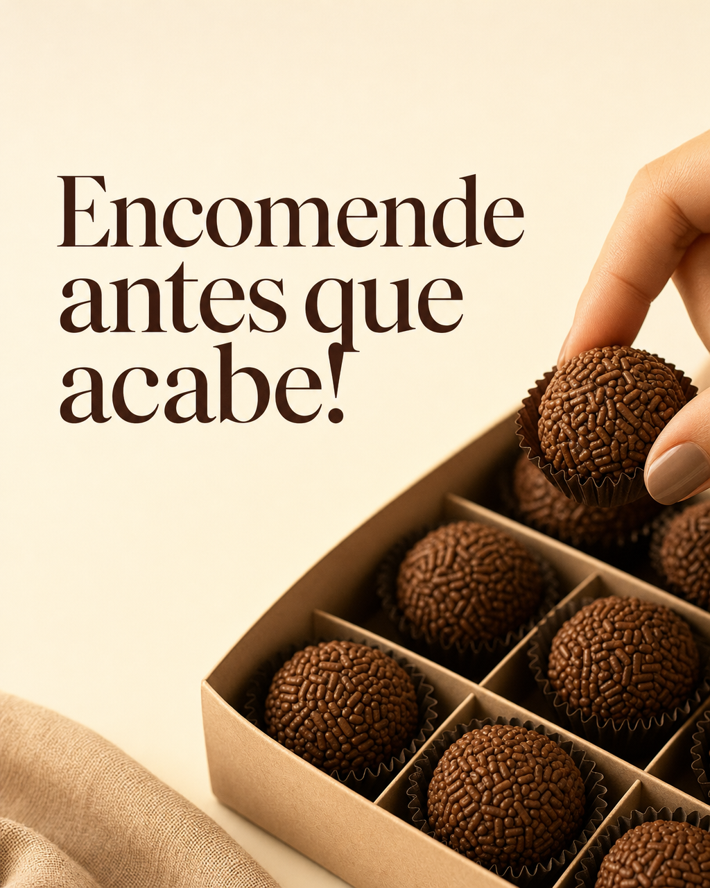 Mão pegando um brigadeiro de granulado de uma caixinha da Djubs Brigadeiria